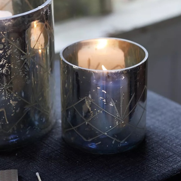 Mercury Glass Diamond Etched Set of 2 hurricane candle holders - Picture 4 of 15